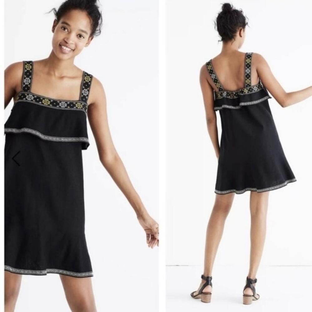 NWT Madewell Black Linen Tiered Embroidered Mini Shift Dress Wmns Sz XXS